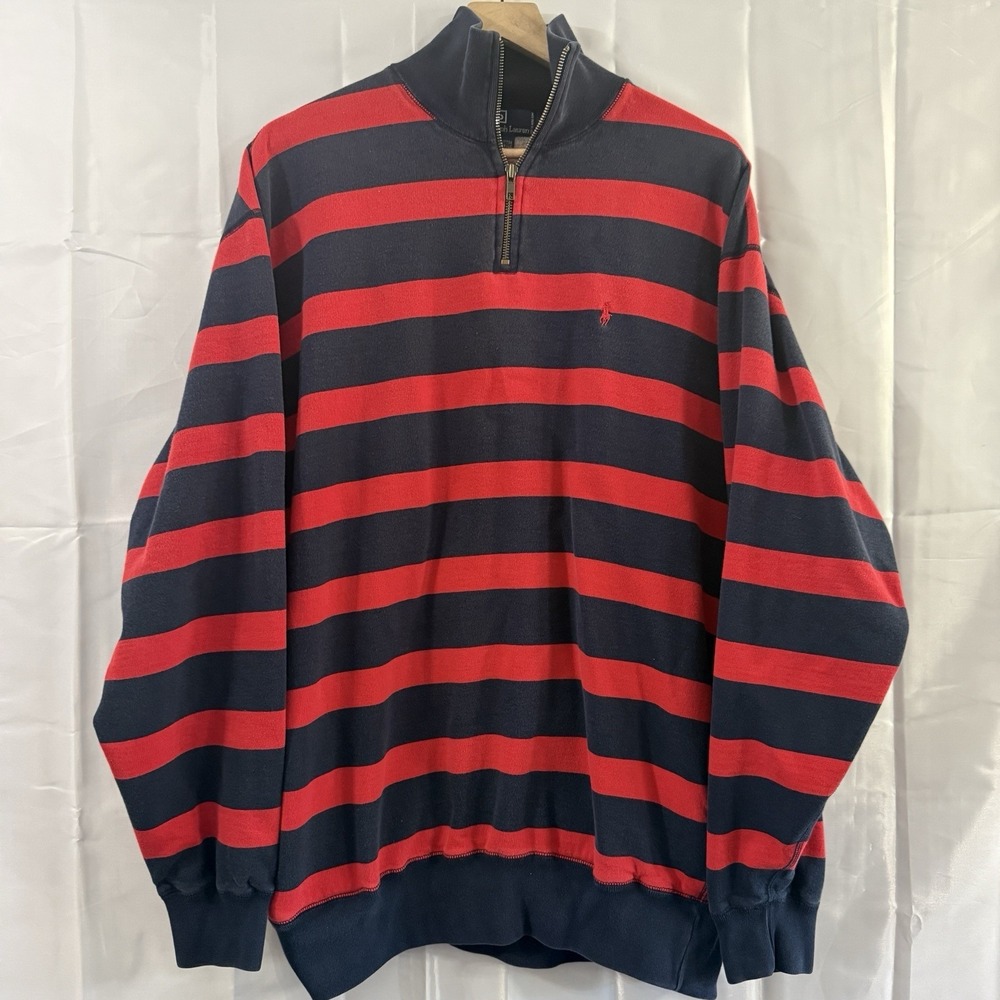 Vintage‎ 90s Polo Ralph Lauren Stripe 1/4 Zip Sweatshirt Red Blue XL Preppy
